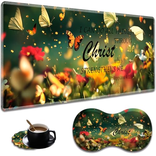 Extended Non-Slip Mouse Pad + Mouse Wrist Rest + Lace-Shaped Coaster Set, Ergonomic Design, Suitable for Desk and Home Gaming Table Mat, Butterflies and Philippians 4-13 - color: Butterflies and Philippians 4-13