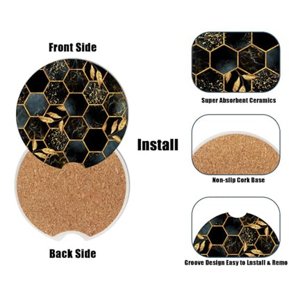 Cup Holders Car Coasters - Black Marble Leaves Absorbent Ceramic Coaster, Drink Cup Holder Coasters, Auto Accessories for Women & Men, Pack of 2 - color: Black Marble Leaves