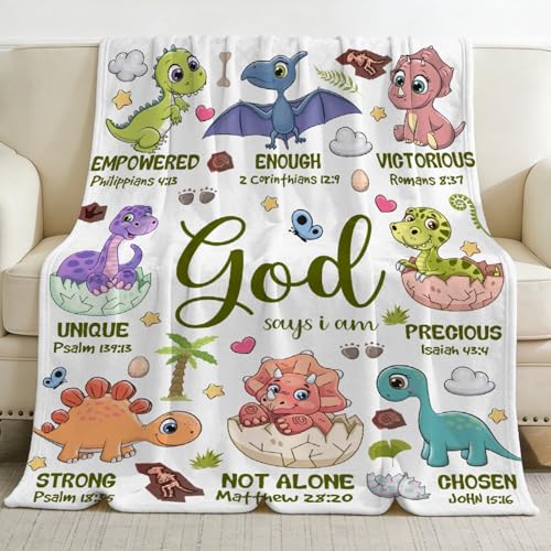 Dinosaur Christian Gift Blanket, God Says I Am Bible Verse Throw 40"x50" - color: Bible-dinosaur, size: 40"x50"