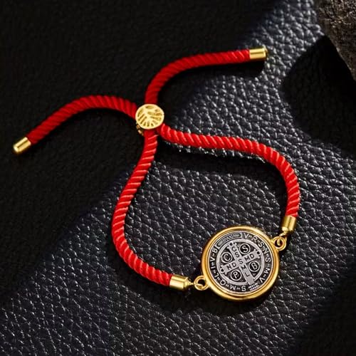 Catholic Bracelets St. Benedict Bracelet Red Rope Double Hole Pendant Couple Woven Bracelets Adjustable Black Bracelet - color: red