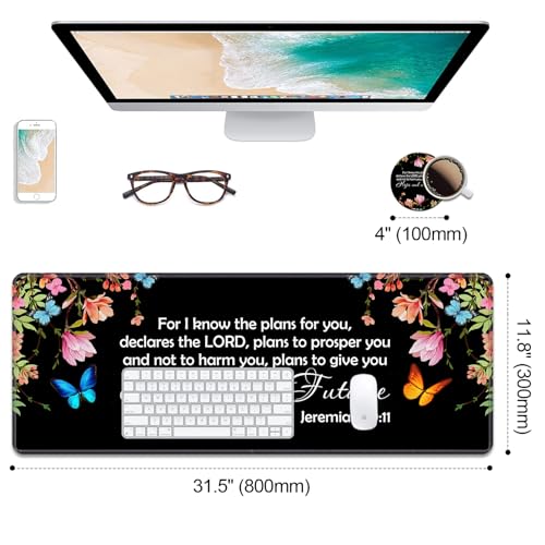 Desk Pad Mat Gaming Mouse Pads with Coasters,31.5" x 11.8" Large Mouse Pad Desk Decor Writing Pad Non Slip Rubber Base Stitched Edges for Work Game Office Home,Floral Quote Bible Verse Jeremiah 29:11 - color: Floral Quote Bible Verse Jeremiah 29:11, size: