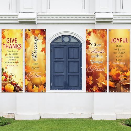 4Pcs Church Banners for Sanctuary Wall Welcome Inspirational Religious Hanging Backdrop Thanksgiving Fall Maple Leaves Pumpkins Church Banner Scripture Bible Verse Banner for Holiday School Decor - style: Give Thanks Fall
