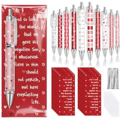 FYSUIMU 30 Sets Valentine's Day Ballpoint Pens Bulk Pink Red White Love Heart Plastic Ballpoint Pens with Bible Verse Thank You Cards for Christian Appreciation Gift Sunday School Church Party Favors