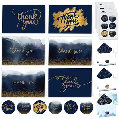 Decorably 24 Pack Glittery 6x4in Navy Blue Thank You Cards with Envelopes - style: Navy Blue
