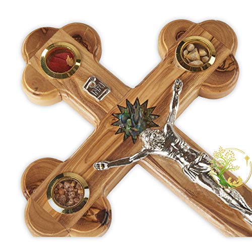 Wall Cross Flowers, Incense, Olive Leaf and Stones/Wooden Cross with Mother of Pearl Bethlehem Star from the Holy Land Made from Olive Wood - Crucfix for Communion, Baptism or Christening Gifts Medium