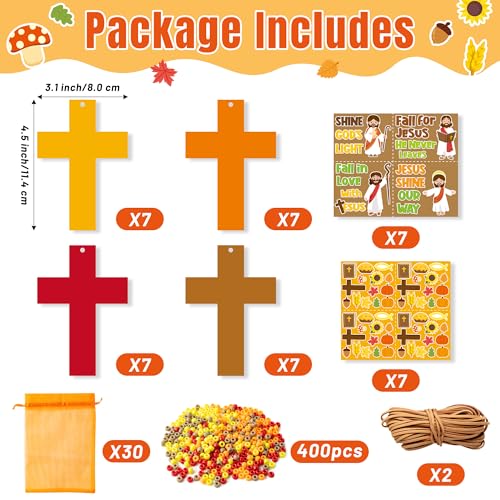 BeYumi Fall Cross Necklace Craft - 28Pcs Fall Religious Cross Necklace Craft Kit for Kids DIY Sticker and Beads Ornament Autumn Thanksgiving Decor Sunday School Classroom Party Christian Favors - style: Fall