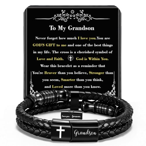 Christian Gifts for Mens Jewelry Black Double Layer Leather Cross Bible Verse Bracelets for Men, Teen Boys Religious Baptism Confirmation Gifts for Son Grandson Brother Teenages Gift Ideas - color: Grandson(8.27 Inch)