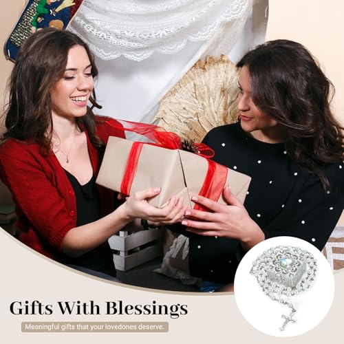 Sliver Pearl-Style Rosary Necklace with Metal Gift Box, 8mm, 22 Inch - color: Silver