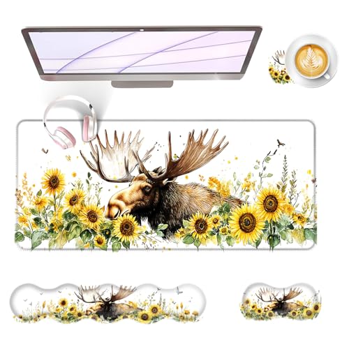 Large Keyboard Mouse Pad Set, Extended Mouse Pad+Keyboard Wrist Rest Support, Memory Foam Ergonomic Easy Typing, 4Pcs (31.5×11.8 in) Desk Pad Set for Office Home,Deer and Sunflowers - color: Deer and Sunflowers
