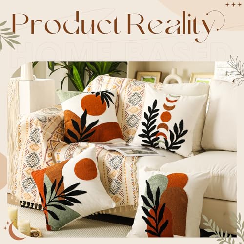 Mixweer 4 Pcs Boho Pillow Covers Set, 18 x 18 Inch Embroidered Pillow Cases, Sunset Leaf Mountain Boho Style Square Throw Cushion Cover for Couch Sofa Bed Bohemian Home Decor - style: Bohemian