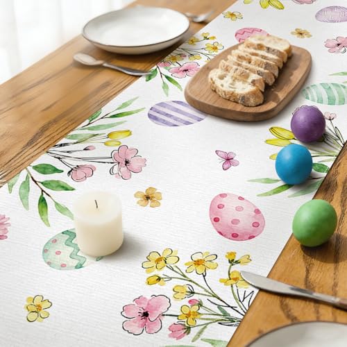 Easter Table Runner with Bunny Cross & Spring Floral Egg Design, 72x13 Inch