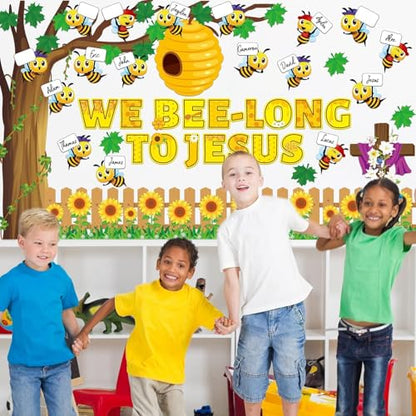 gisgfim Bee Bulletin Board Decoration Set Bee Jesus Religious Borders Cutouts for Classroom Door VBS Christian Sunday School Sunnmer Welcome Bulletin Board Craft Home Wall (We Bee-Long to Jesus) - style: We Bee Long To Jesus