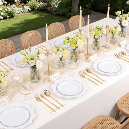 WDF 350PCS White and Gold Plastic Plates - Gold Plates Disposable 50Guest Plastic Dinnerware Ideal for Party/Wedding/Birthday/Thanksgiving/Fall/Rosh Hashanah - color: White and Gold, size: 350 pieces
