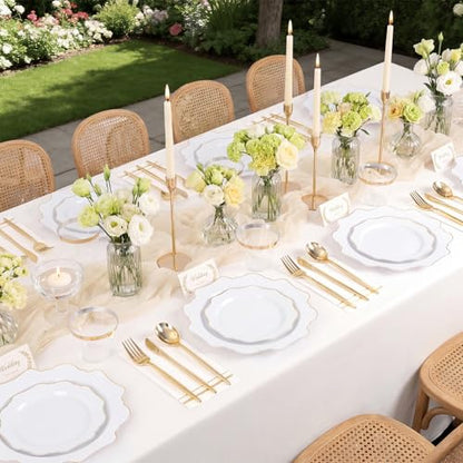 WDF 350PCS White and Gold Plastic Plates - Gold Plates Disposable 50Guest Plastic Dinnerware Ideal for Party/Wedding/Birthday/Thanksgiving/Fall/Rosh Hashanah - color: White and Gold, size: 350 pieces