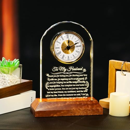Arikyrist Glass Clock Gifts for Husband from Wife with Wooden Light Base - color: Husband