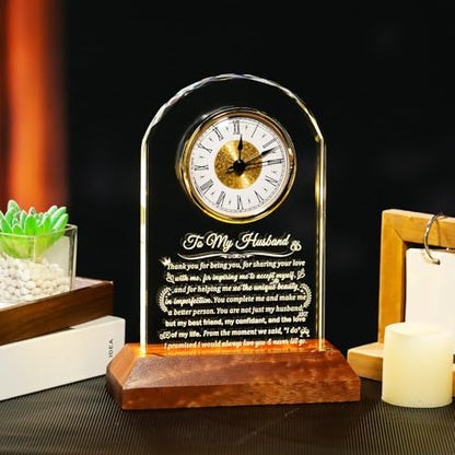Arikyrist Glass Clock Gifts for Husband from Wife with Wooden Light Base - color: Husband
