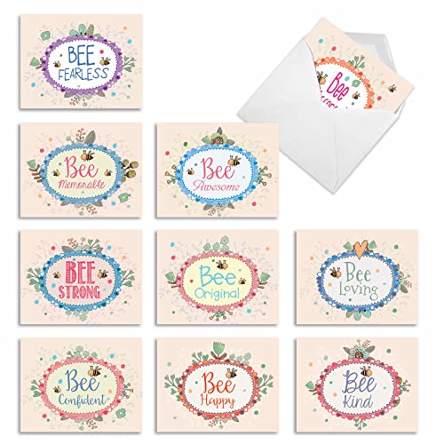 The Best Card Company - 10 Assorted Blank All Occasions Notecards Variety Box Set 4 x 5.12 Inch w/Envelopes Inspiring Words, Stationary for Men, Women (10 Designs, 1 Each) - Let It Bee M6548OCB - style: Let It Bee