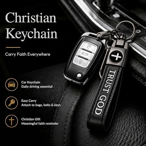 Christian Cross Leather Keychain for Men – Christian Gift for Dad Husband Son - color: Black – Trust God