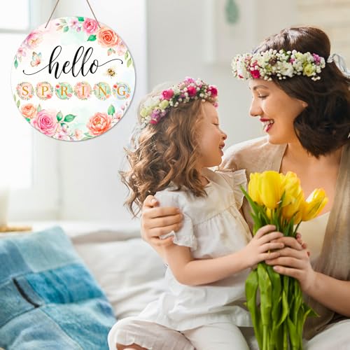 SICOHOME Hello Spring Door Sign - 11.5" Round Floral Spring Decorations for Home Office Party - Welcome Spring Wreath Farmhouse Rustic Hanging Sign for Door Wall Mantle Porch Indoor Outdoor Decor - color: Hello Spring 2