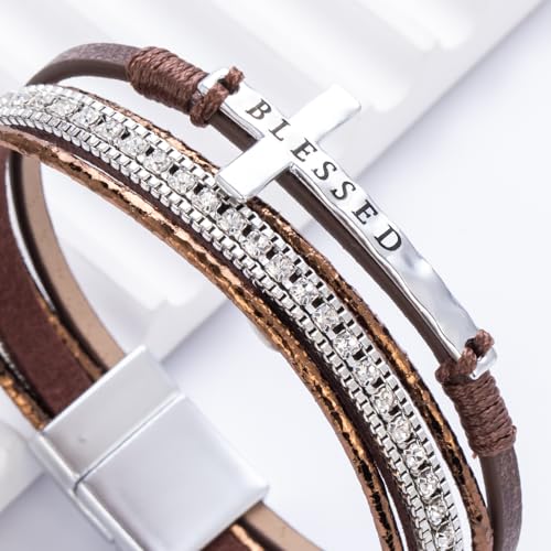 Christian Cross Leather Bracelets Boho Western Blessing Religious Jewelry - color: Brown