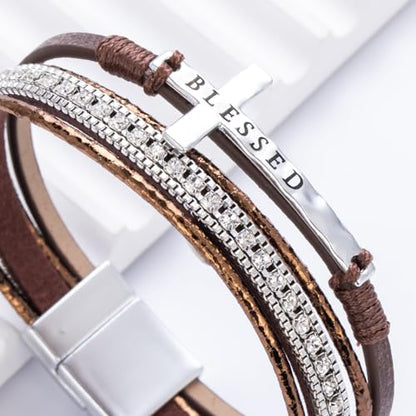Christian Cross Leather Bracelets Boho Western Blessing Religious Jewelry - color: Brown
