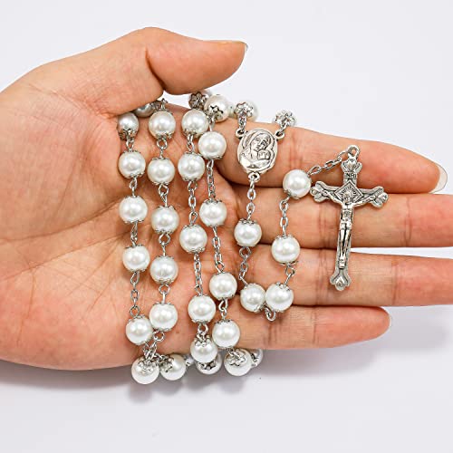 Nazareth Store Wedding White Pearl Beads Rosary Handcrafted Prayer Necklace with Holy Soil Medal and Jesus Cross Crucifix - size: Large (Pack of 2)