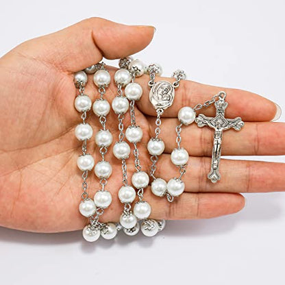 Nazareth Store Wedding White Pearl Beads Rosary Handcrafted Prayer Necklace with Holy Soil Medal and Jesus Cross Crucifix - size: Large (Pack of 2)
