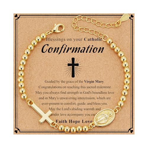 First Communion Gifts for Girls Virgin Mary Cross Bracelet Non Tarnish Baptism 1st Holy Communion Confirmation Gifts Christian Religious Catholic Jewelry - color: Confirmation,Gold