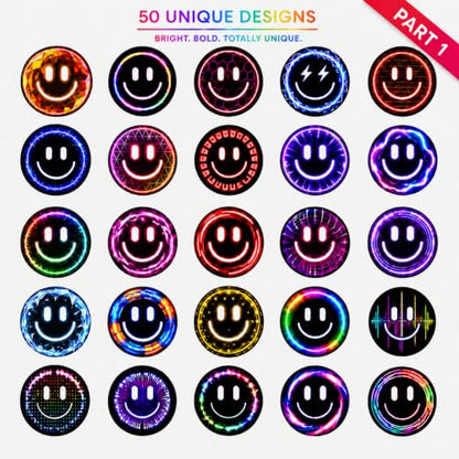 50 Neon Smiley Face Stickers, 2 Inch Waterproof Pack for Water Bottles - color: Neon