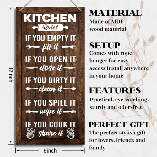 Farmhouse Kitchen Rules Sign, Rustic Wooden Plaque, 12x6inch (J10) - color: color20