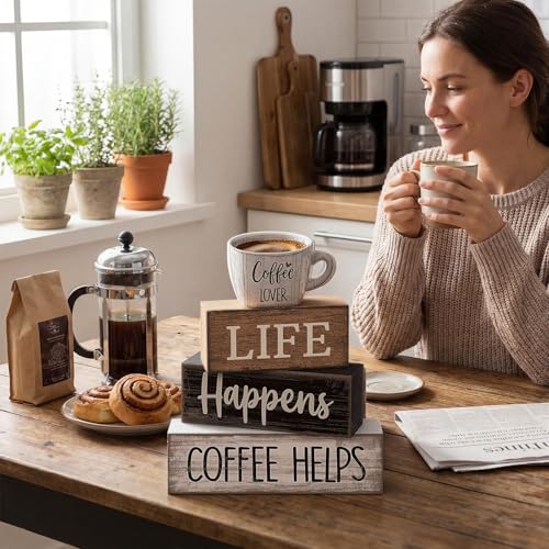 Moucuny 4 Pcs Wooden Coffee Bar Signs Farmhouse Table Decor Blocks - style: Coffee Lover