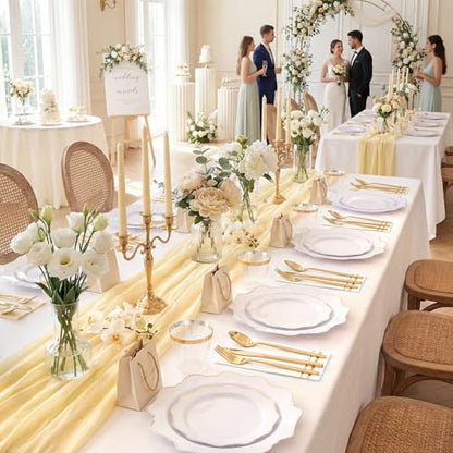 WDF 350PCS White and Gold Plastic Plates - Gold Plates Disposable 50Guest Plastic Dinnerware Ideal for Party/Wedding/Birthday/Thanksgiving/Fall/Rosh Hashanah - color: White and Gold, size: 350 pieces