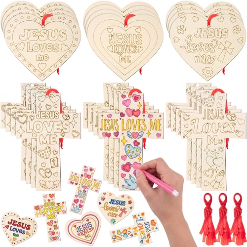 Blueweenly 24 Pcs Christian Vbs Crafts Kits for Classroom DIY Unfinished Wood Jesus Loves Me Art and Craft Cross and Heart Shaped Religious Hanging Ornament for Sunday School Classroom Home Activities