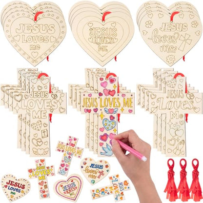 Blueweenly 24 Pcs Christian Vbs Crafts Kits for Classroom DIY Unfinished Wood Jesus Loves Me Art and Craft Cross and Heart Shaped Religious Hanging Ornament for Sunday School Classroom Home Activities