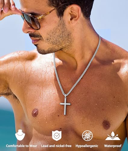 Jewlpire 925 Sterling Silver Cross Necklace for Men, 18k Gold Plated Sterling Silver Cross Necklace with 4mm Stainless Steel Cuban Link Chain for Men, Mens Necklace 16 18 20 22 24 26 Inch - color: Silver Cross Pendant