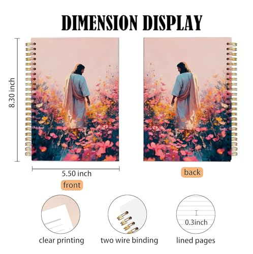 bitCNY Inspirational Jesus Notebook 8.3x5.5 Inch – Jesus in Flower Garden Spiral Journal, Pastel Christian Notebook with Lined Pages for Prayer & Study - color: white-Jesus in Flower Garden