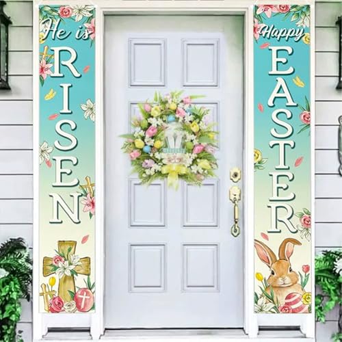 Happy Easter Bunny Rabbit Christian Porch Banner Sign, Hanging Blue Front Door Welcome Banner Flag Religious Cross He is Risen Sign Easter Decor for Home Office Farmhouse Holiday Decor - color: colours-2