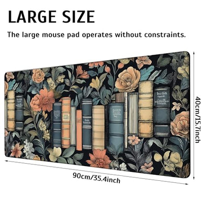 Books and Flowers Mouse Pad,35.4 x 15.7 Inch Large Mouse Mat Non-Slip Rubber Stitched Edges for Writing Desk,Office,Home,Laptop - color: Books and Flowers, size: 35.4L x 15.7W inches