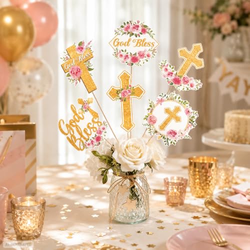 Floral God Bless Centerpiece Sticks Pink First Communion Table Toppers Double Sided Baby Girl Baptism Party Decorations for Christening Celebration Religious Supplies
