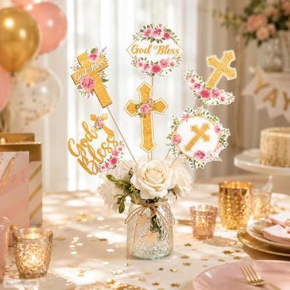 Floral God Bless Centerpiece Sticks Pink First Communion Table Toppers Double Sided Baby Girl Baptism Party Decorations for Christening Celebration Religious Supplies