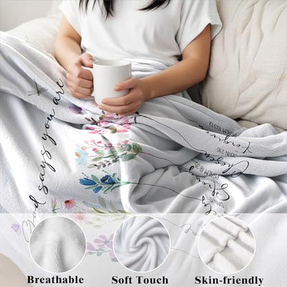 God Says I Am Christian Blanket, Christian Gifts for Women Faith, Bible Verse Floral Blanket for Bedroom Living Room Couch Sofa, 50x60 Inches - color: White, Purple