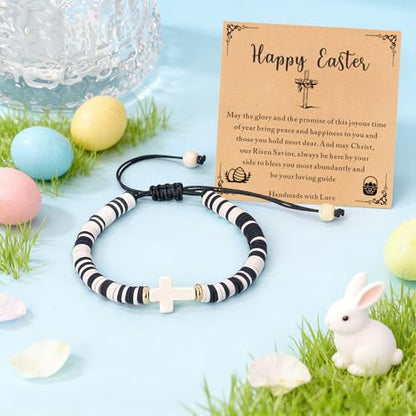 Cute Cross Bracelet Teen Girl Gifts Trendy Stuff Christian Gifts for Kids/Girls/Boys/Teens/Women Jewelry Colorful Jesus Bracelets Christmas Religious Communion Baptism Confirmation Gifts - color: Happy Easter- White Black