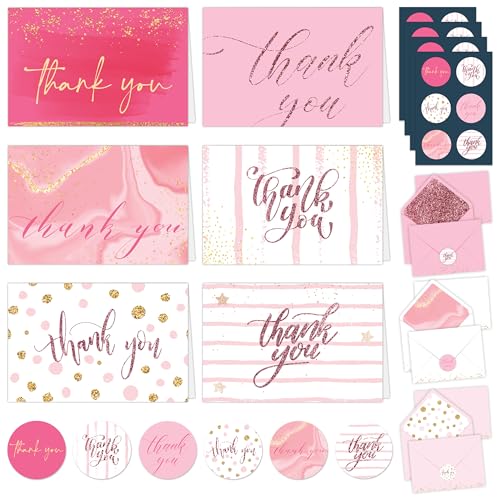 Decorably 24 Pack Glittery 6x4in Pink Thank You Cards with Envelopes - style: Pink