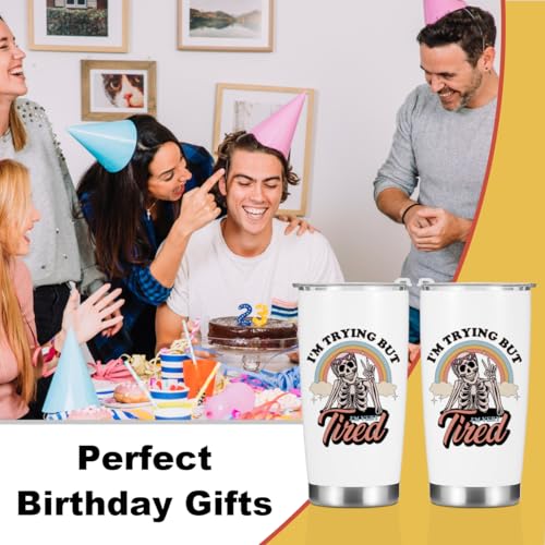 Inspirational Gifts for Women Tumbler, Sarcastic Skeleton Christmas Halloween Birthday Funny Gifts, Rainbow Mental Health Awareness Coffee Mug Stainless Steel Vacuum Insulated Double Wall Travel Cup - color: Trying Tired 1223