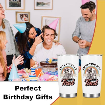 Inspirational Gifts for Women Tumbler, Sarcastic Skeleton Christmas Halloween Birthday Funny Gifts, Rainbow Mental Health Awareness Coffee Mug Stainless Steel Vacuum Insulated Double Wall Travel Cup - color: Trying Tired 1223