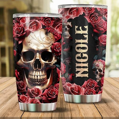 Personalized Rose And Skull Tumbler Gifts for Women Travel Cup Coffee Mug Insulated Stainless Steel 20oz With Lid Water Bottle Gift for Mom Wife Daughter Girls - color: SKULL ROSE