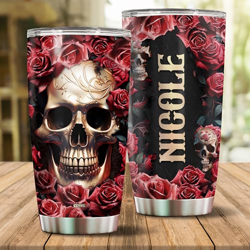 Personalized Rose And Skull Tumbler Gifts for Women Travel Cup Coffee Mug Insulated Stainless Steel 20oz With Lid Water Bottle Gift for Mom Wife Daughter Girls - color: SKULL ROSE