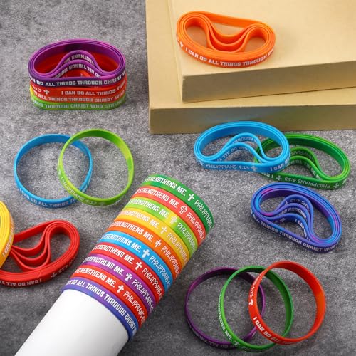 50 Pcs Philippians 4:13 Rubber Wristbands, Rainbow - color: Rainbow