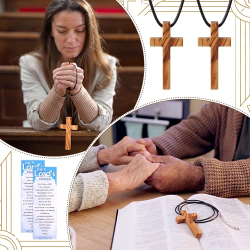 Unittype 12 Sets Christian Olive Wood Cross Necklaces with Prayer Bookmarks
