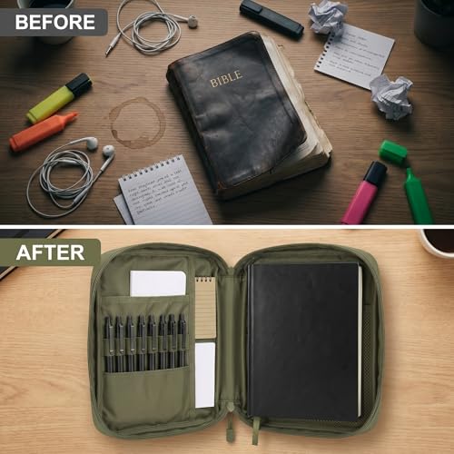 Tactical Bible Cover for Men, Large Bible Case with Shoulder Strap & US Flag Patch, Water Resistant Bible Carrier Bag with Handle, Multi Pockets for Church Study & Travel （Green） - color: Green
